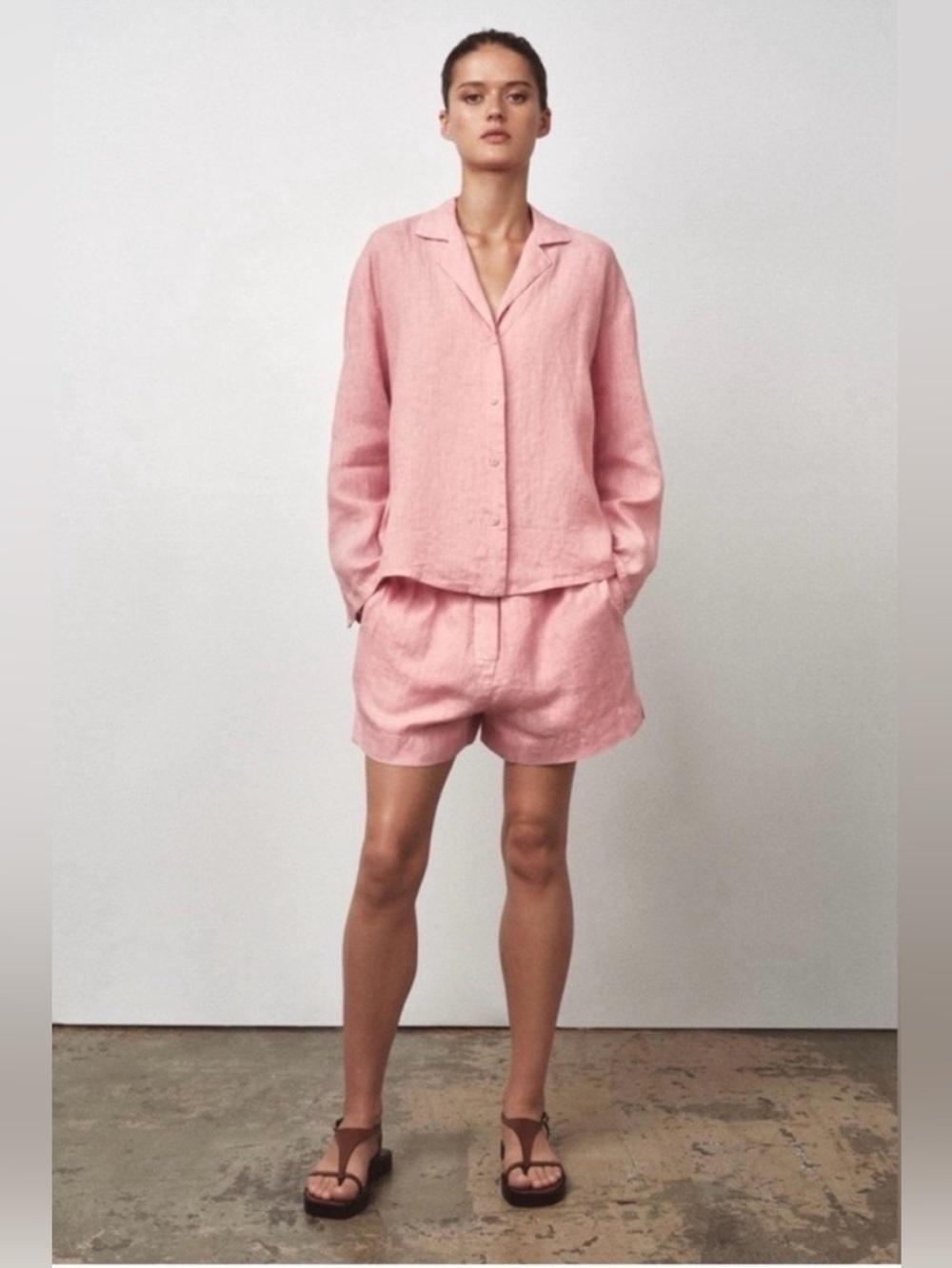 Linen Light Pink Linen Relaxed Button-Up Shirt only